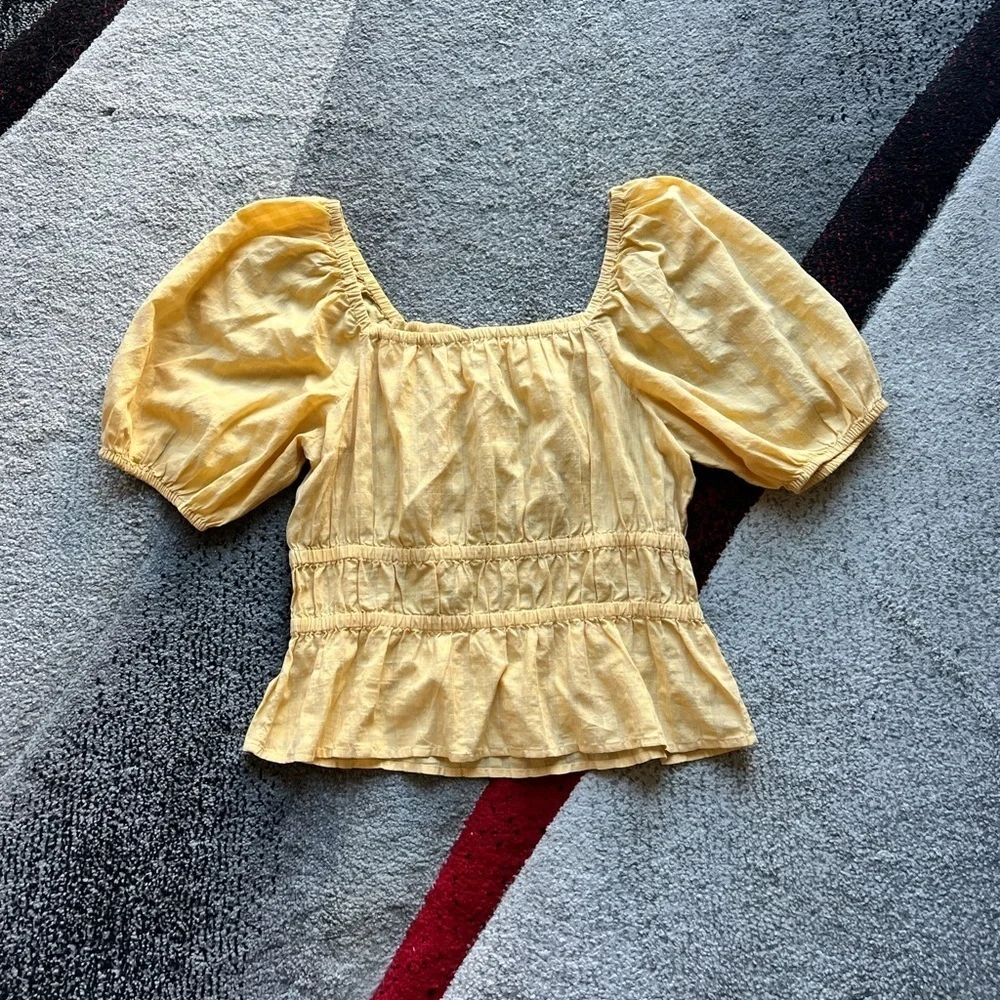 Madewell Gold Smocked Puff Sleeve Top